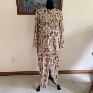 Valerie Stevens Pure Silk Pant Set Women 2P Brown Paisley Tunic Trousers 2 Piece
